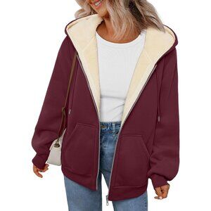 Womens Red Fleece Lined Zip Up Hoodie Jacket Winter Sweatshirt Fall Coat